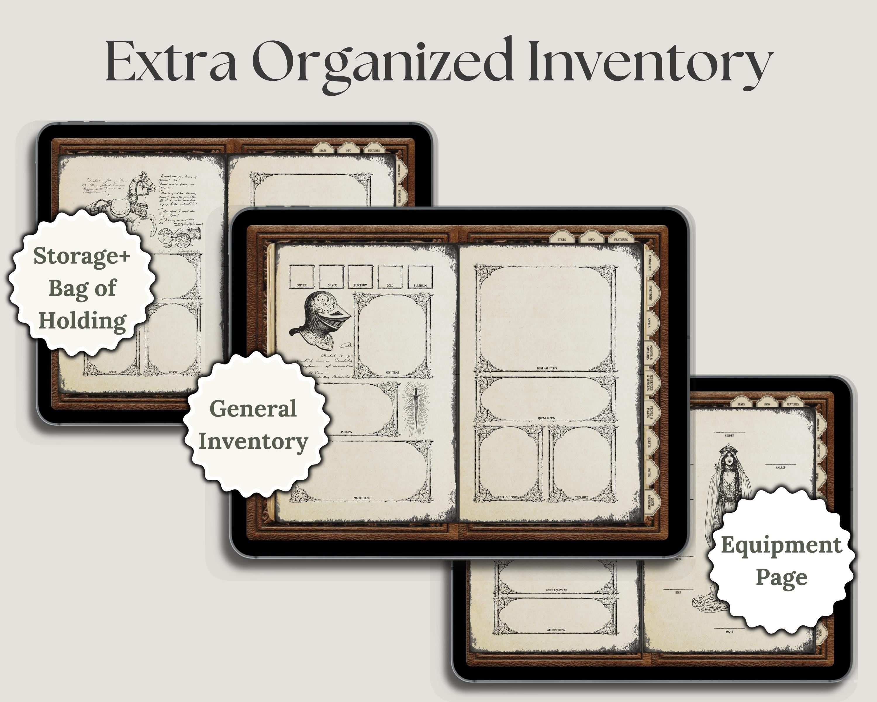 Set of dnd inventory pages with various labels of sections