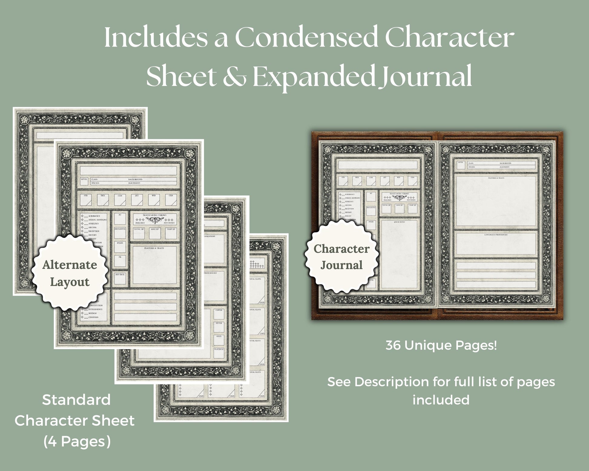 DnD Character sheet and expanded journal with different layout options