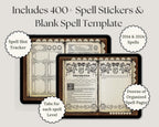 dnd Spell book with spell stickers and template on a white background