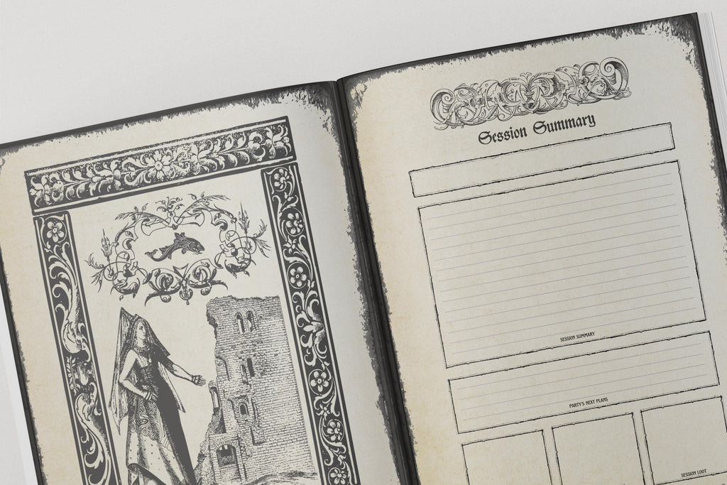 Open dnd notebook with decorative cover and session summary pages.
