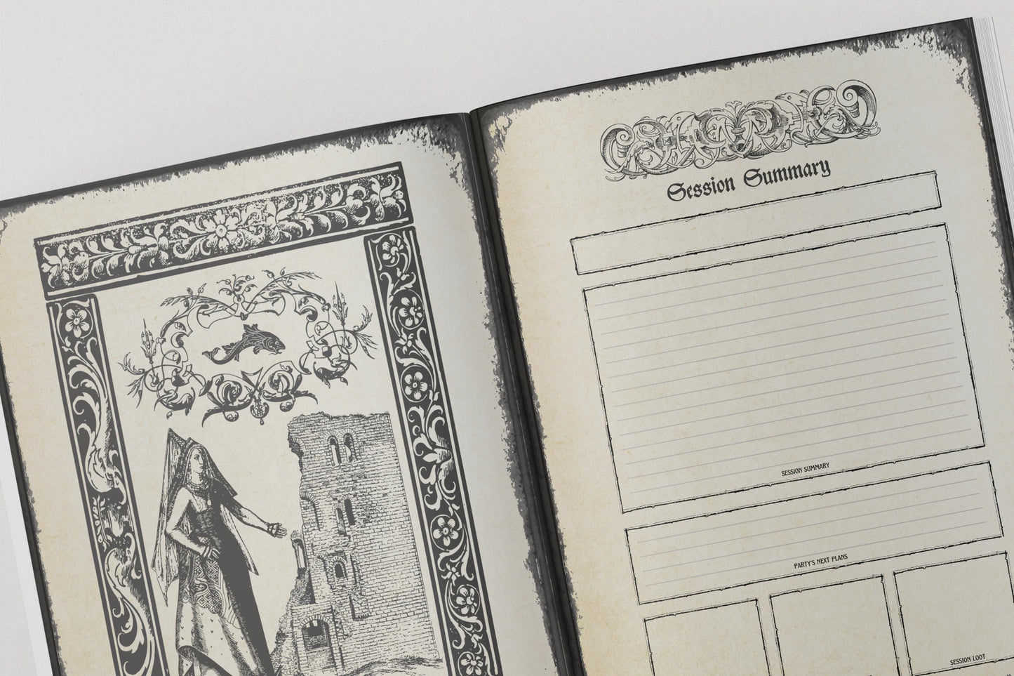 Open dnd notebook with decorative cover and session summary pages.
