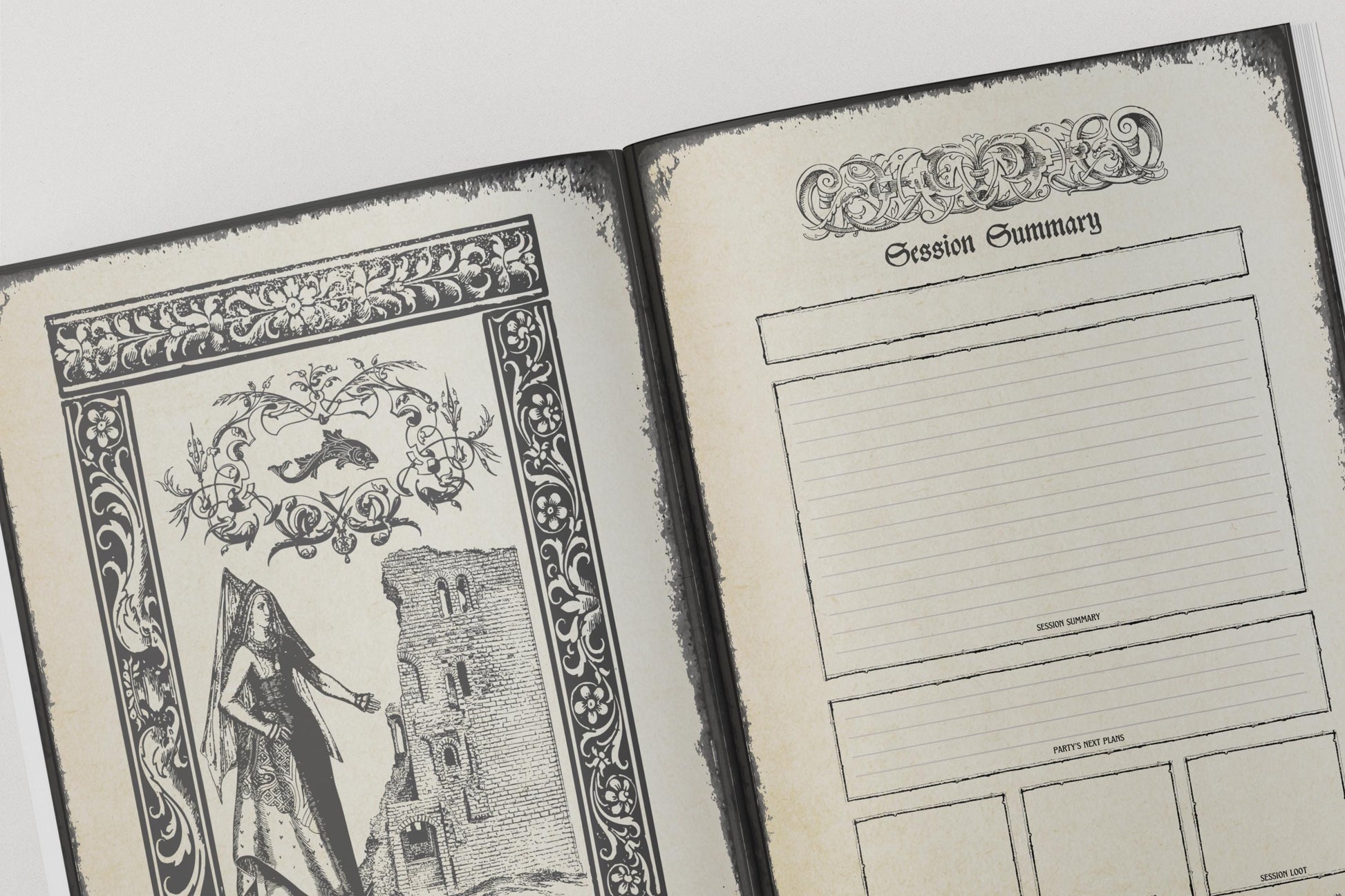 Open dnd notebook with decorative cover and session summary pages.