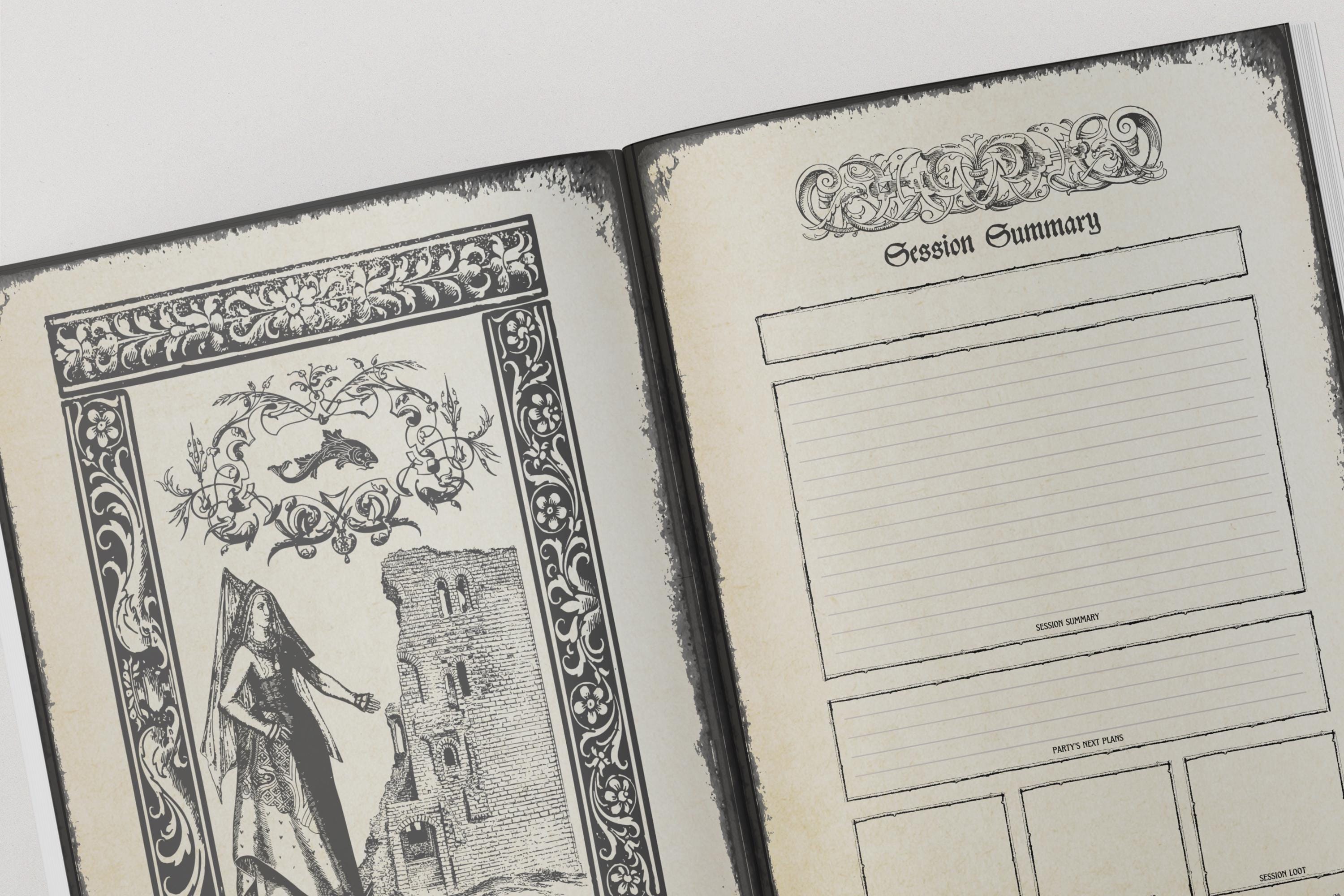 Open dnd notebook with decorative cover and session summary pages.