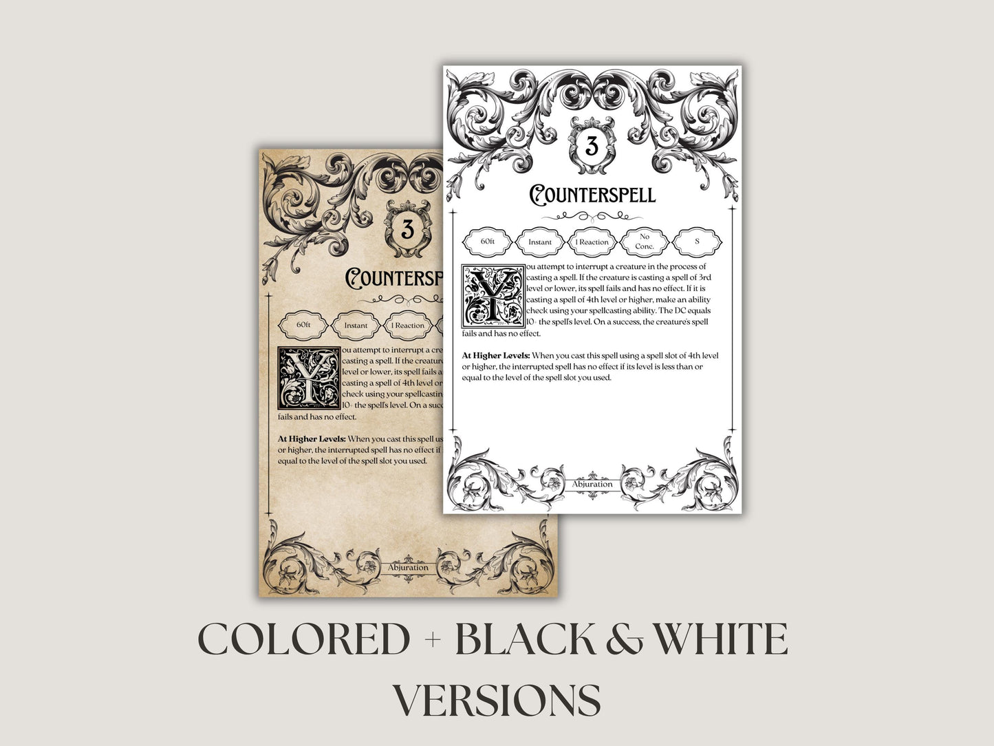 DnD spell cards in color and black and white