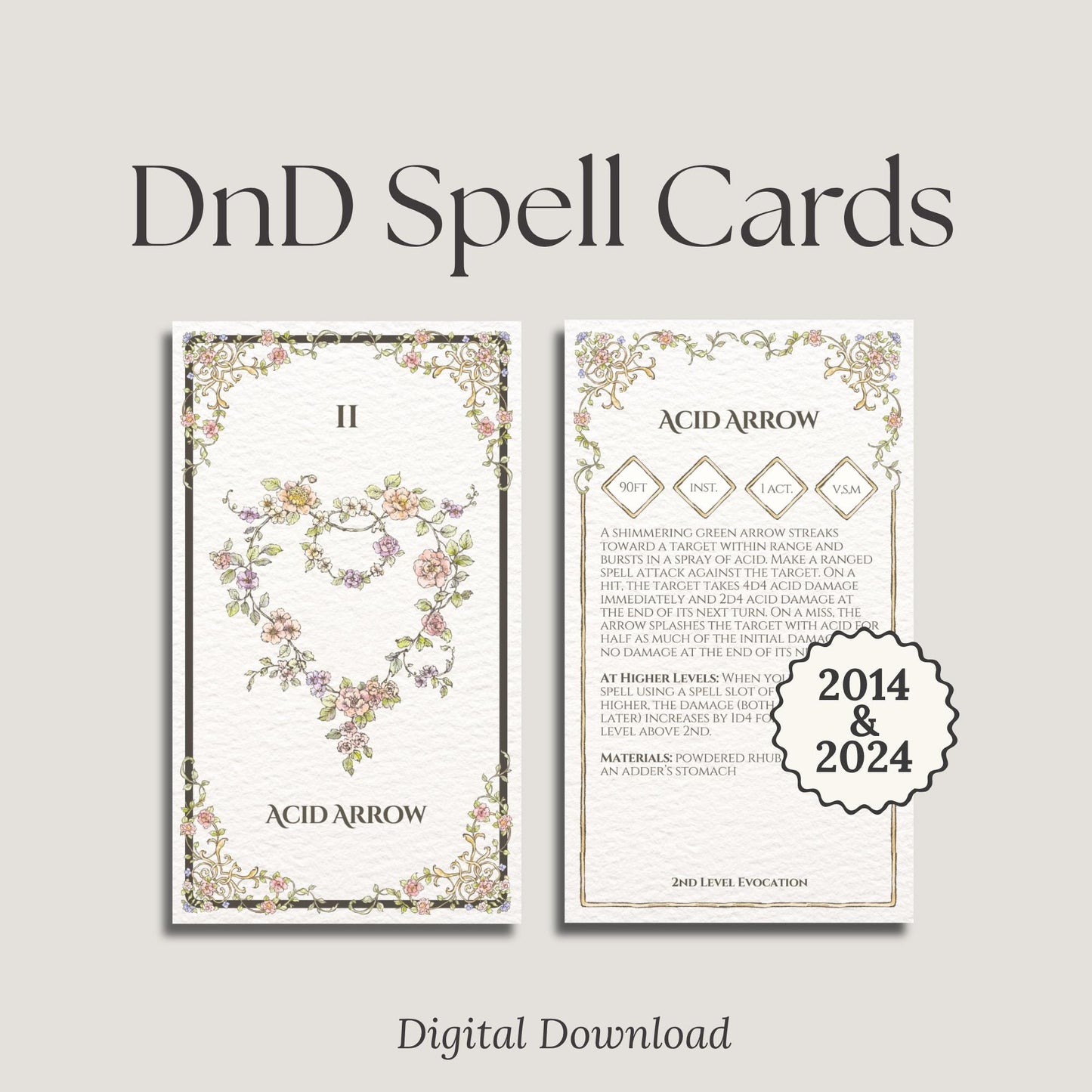 Floral dnd spell cards with labels '2014&2024' and 'digital download'