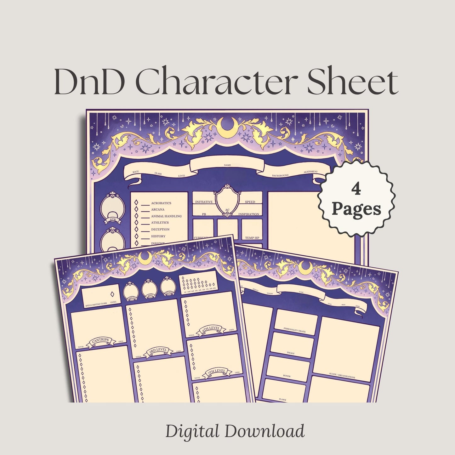 DND Character Sheet with decorative purple design
