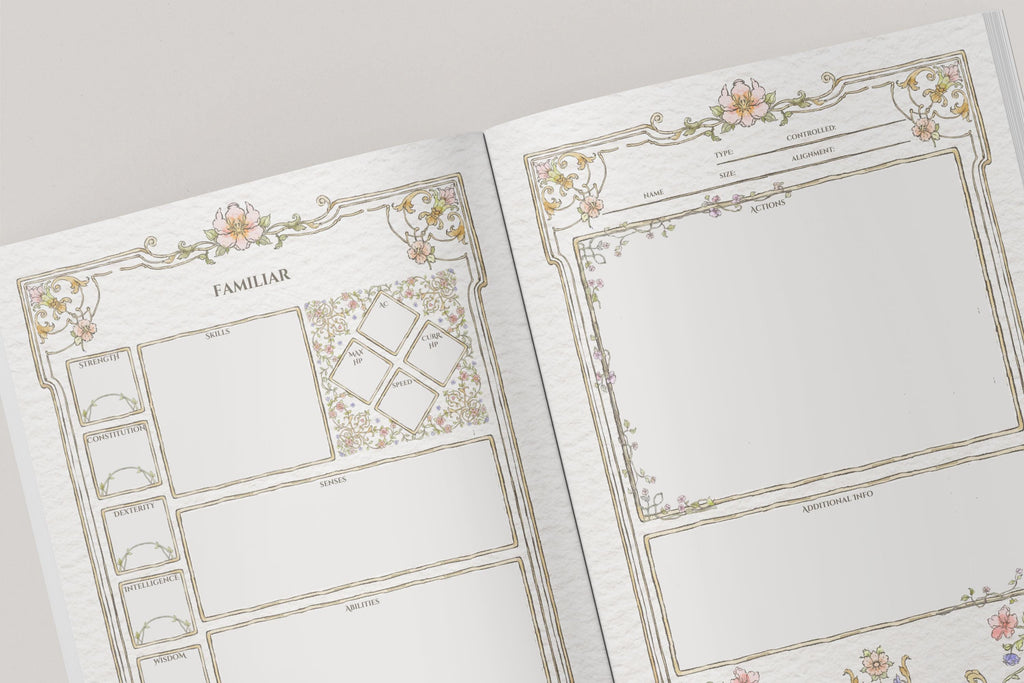 Two pages from a dnd planner with decorative borders and sections for familiars