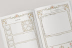 Two pages from a dnd planner with decorative borders and sections for familiars