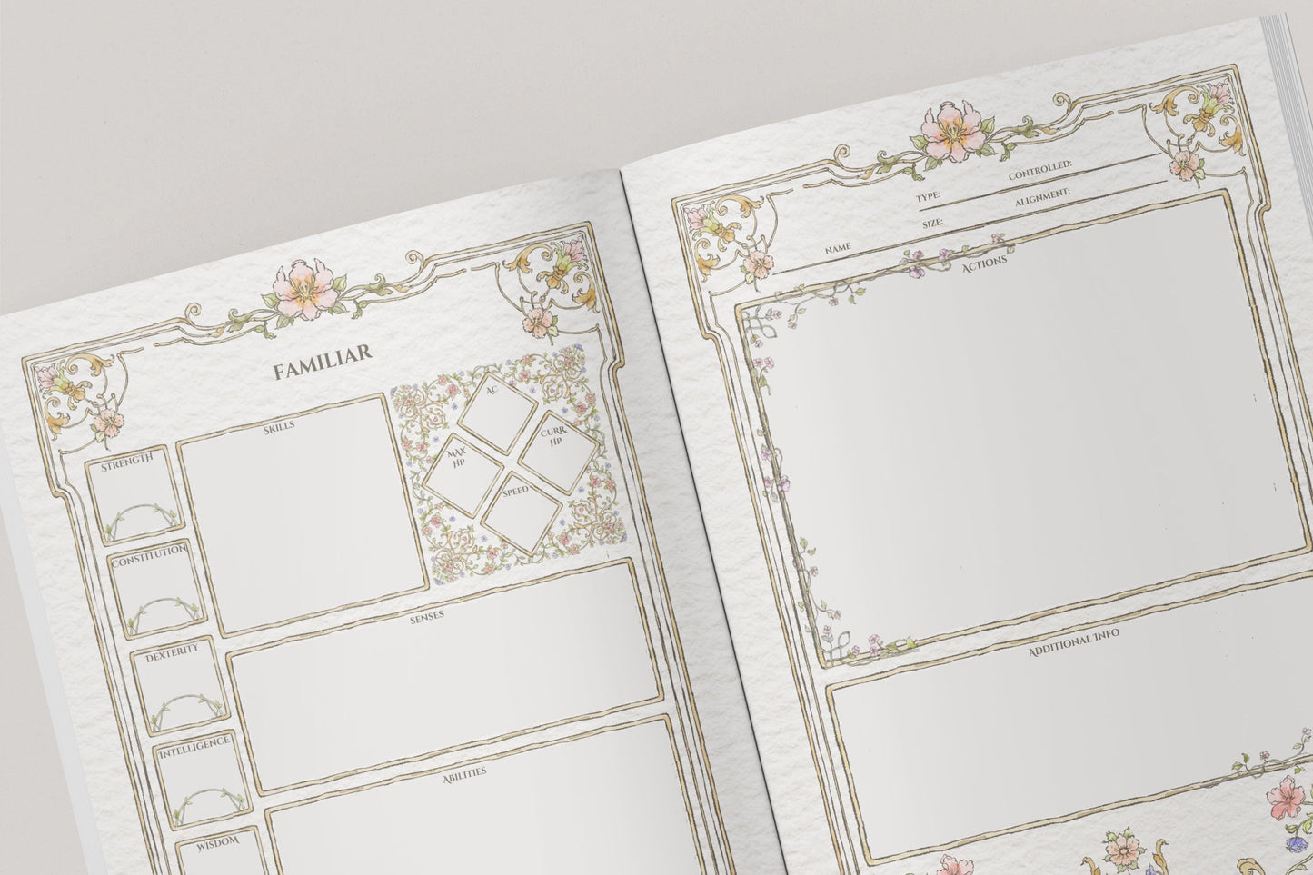 Two pages from a dnd planner with decorative borders and sections for familiars