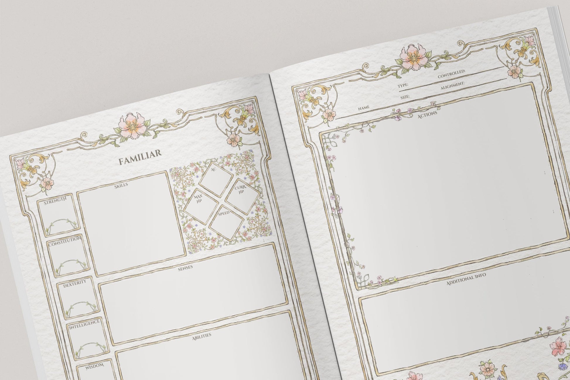 Two pages from a dnd planner with decorative borders and sections for familiars