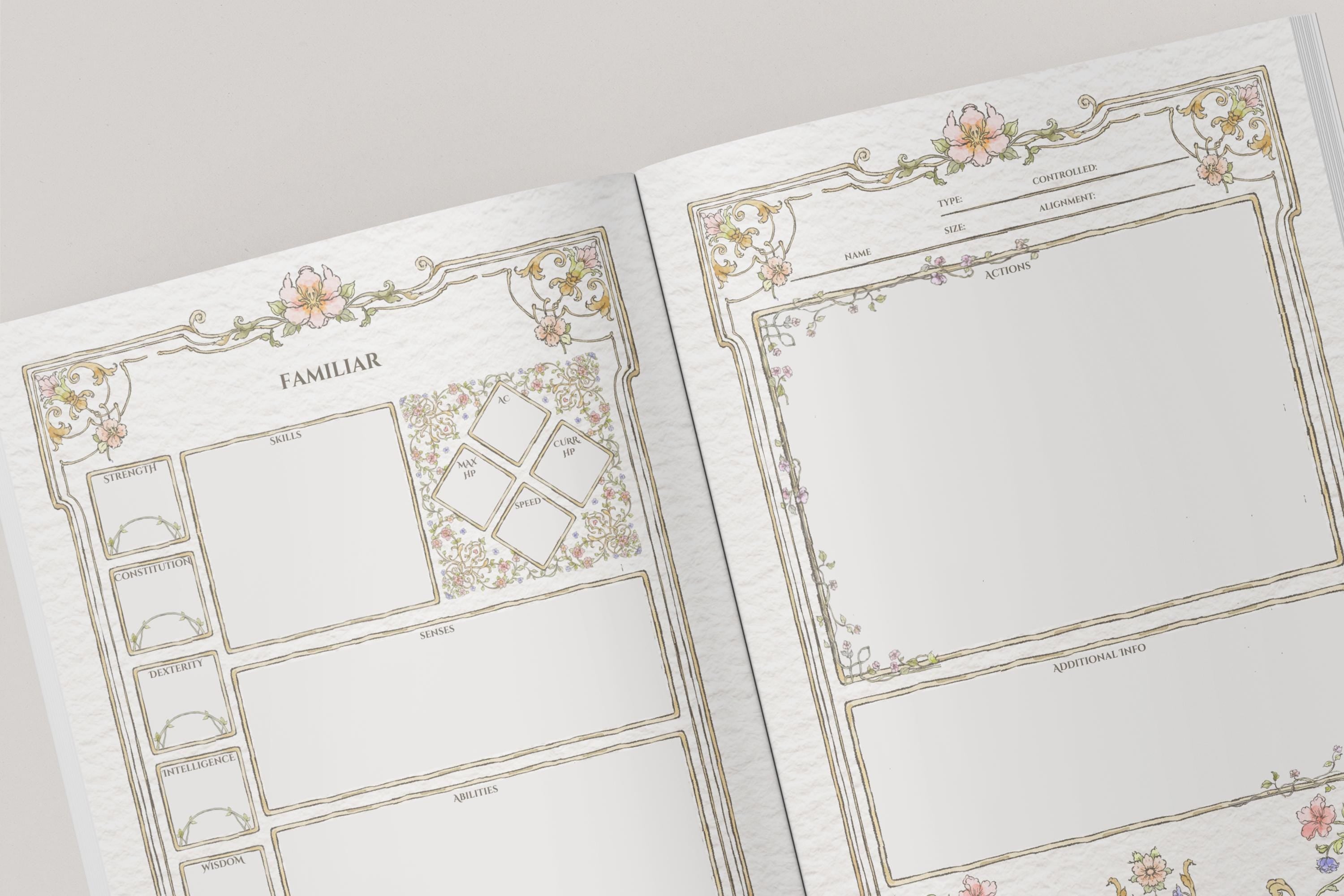 Two pages from a dnd planner with decorative borders and sections for familiars
