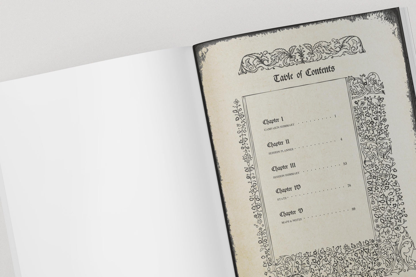 Table of contents page for dungeons and dragons dm planner