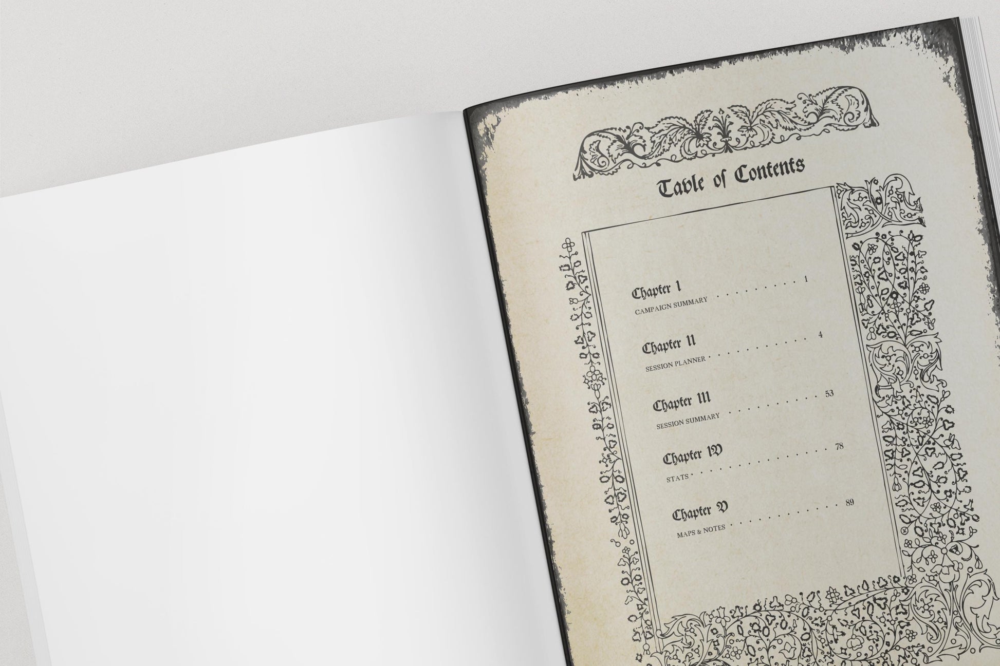 Table of contents page for dungeons and dragons dm planner