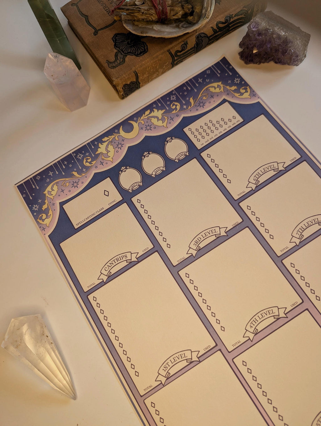 Decorative character sheet with astrological symbols on a surface with crystals
