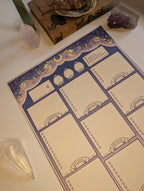 Decorative character sheet with astrological symbols on a surface with crystals