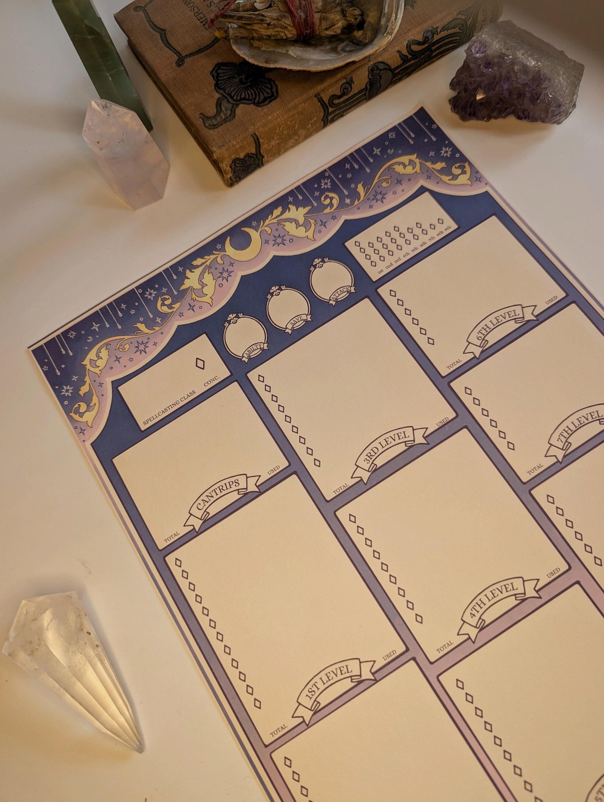 Decorative character sheet with astrological symbols on a surface with crystals