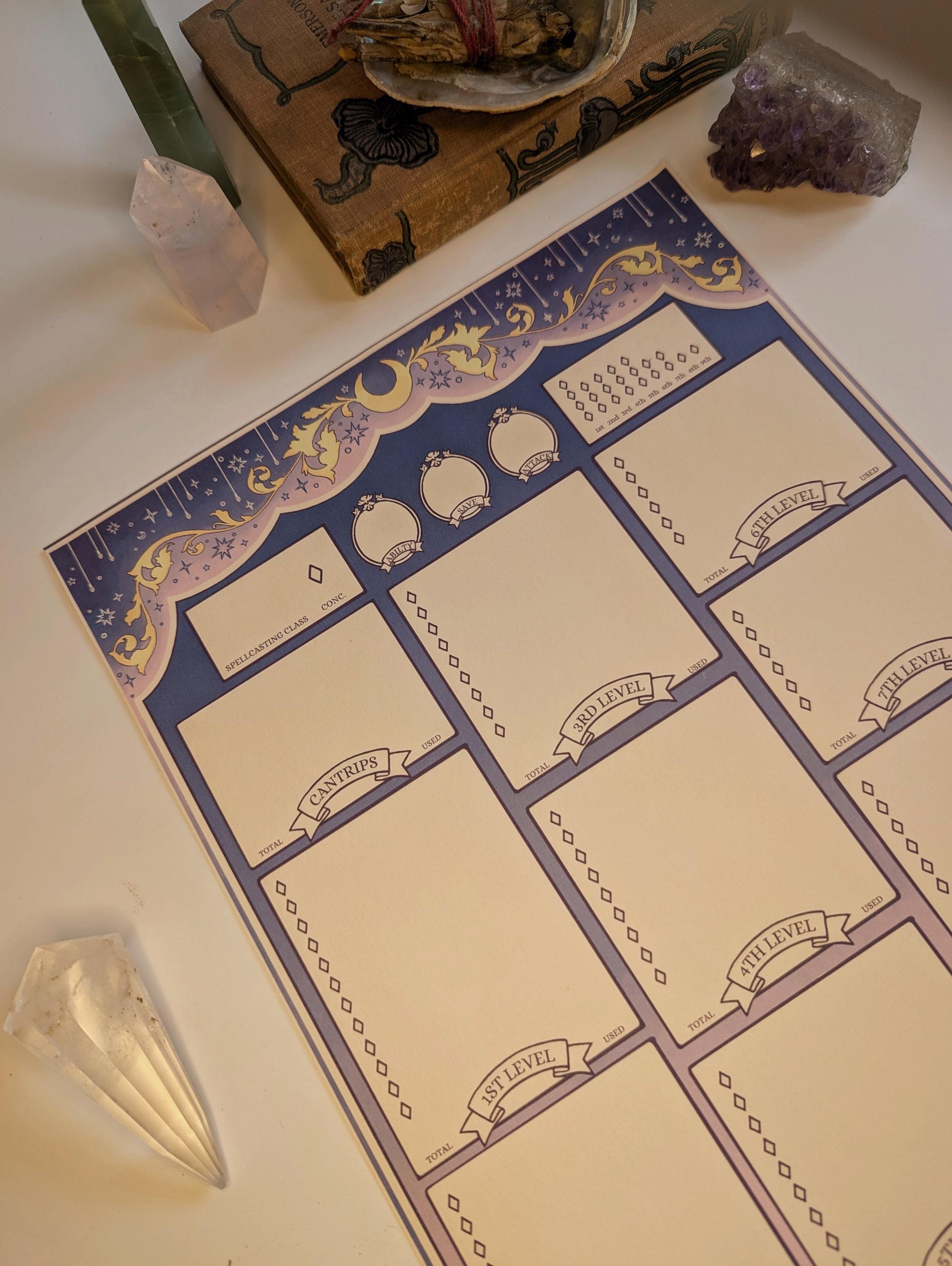 Decorative character sheet with astrological symbols on a surface with crystals