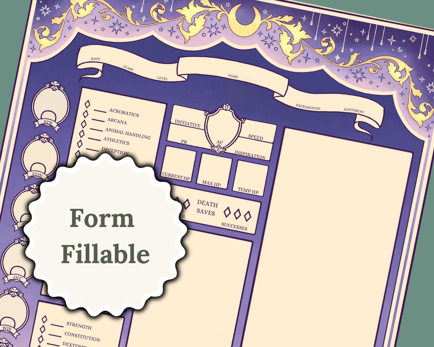 Zoomed in character sheet with text 'Form Fillable'