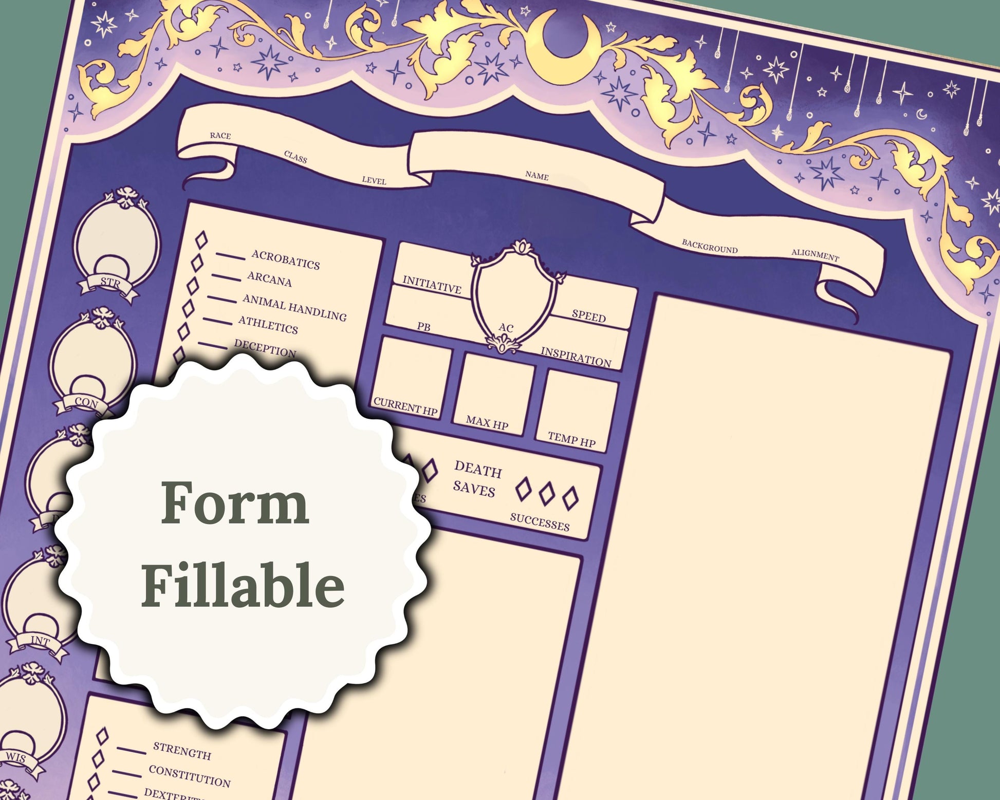 Zoomed in character sheet with text 'Form Fillable'