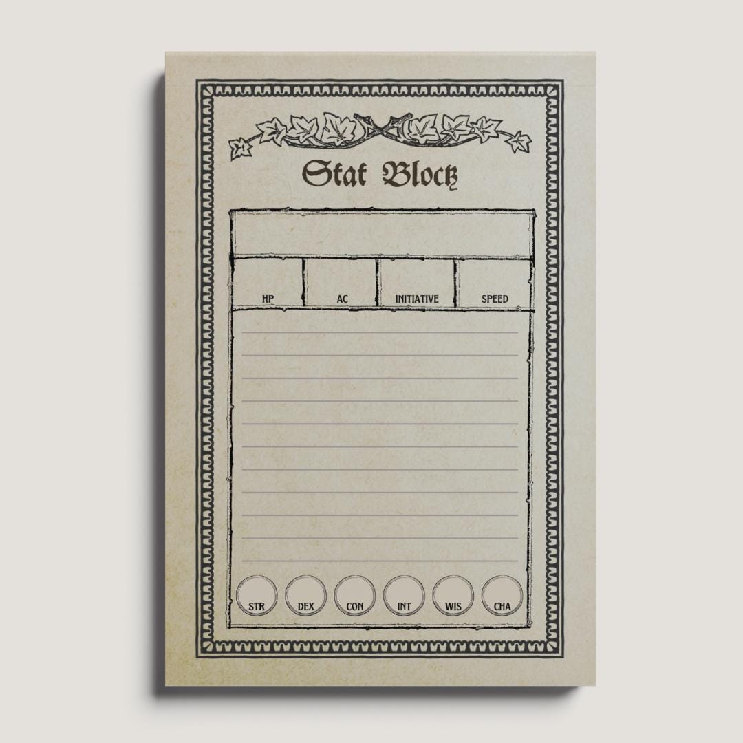 top down view DnD Stat Block Notepad