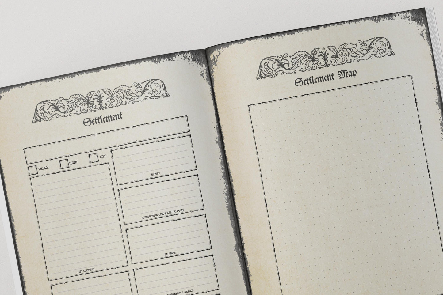 Two pages from the dnd notebook with 'Settlement' and 'Settlement Map' headings.