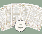 Five pages of dnd cheat sheets with decorative elements 