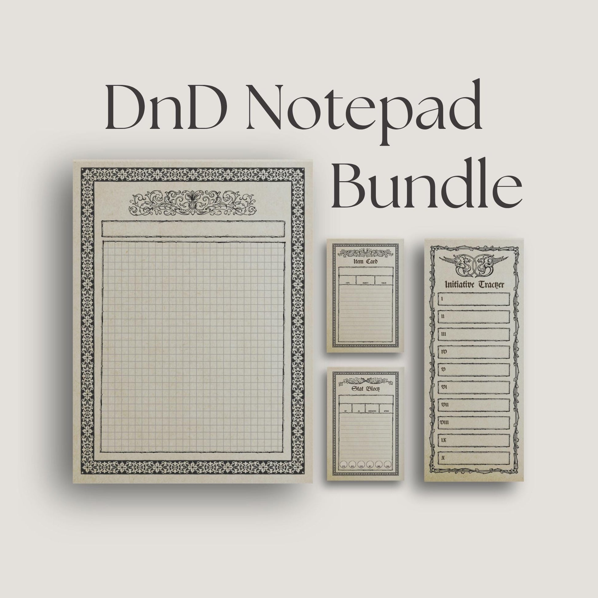 DnD notepad bundle with various sizes on a light gray background