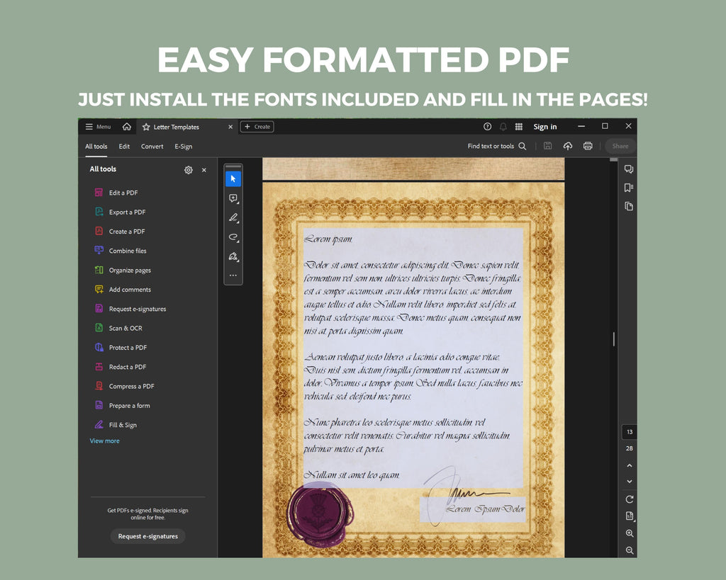 PDF editing software interface with a decorative PDF of letter templates