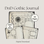 DnD Gothic Journal with sample pages and digital download information on a light gray background