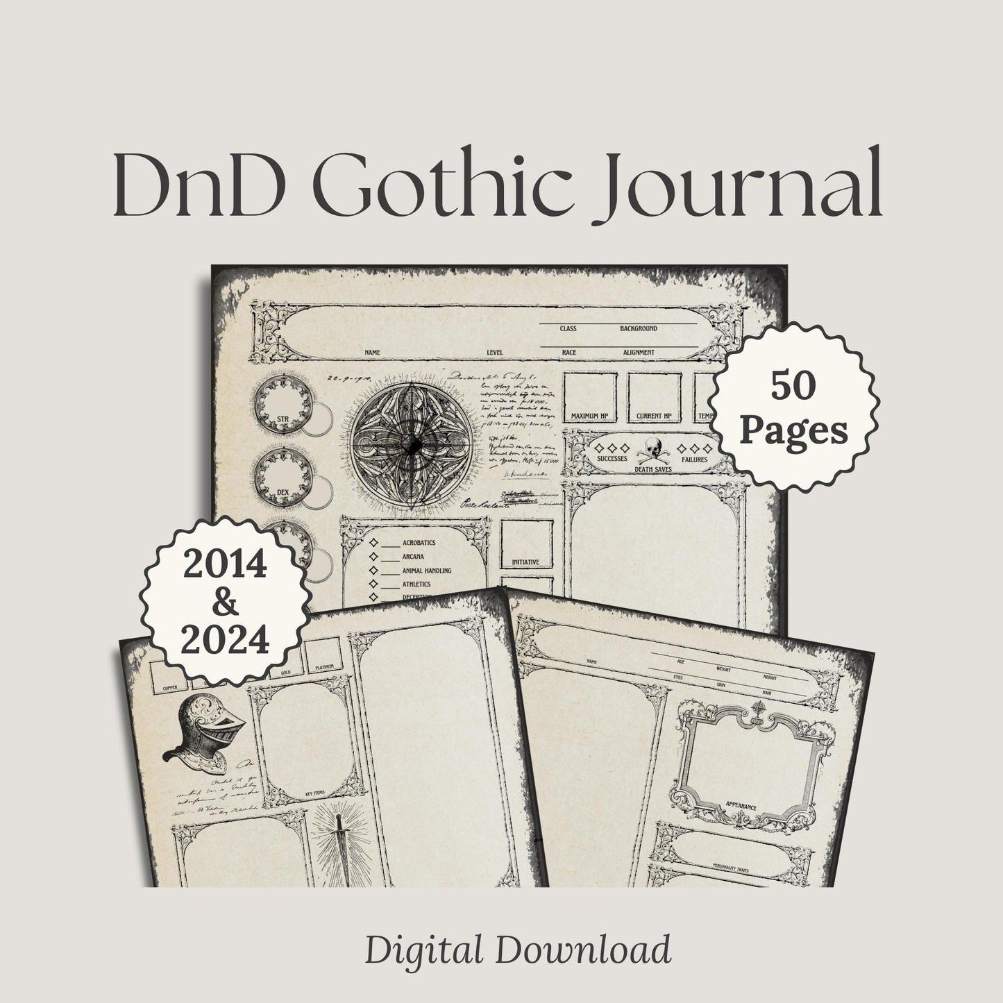 DnD Gothic Journal with sample pages and digital download information on a light gray background