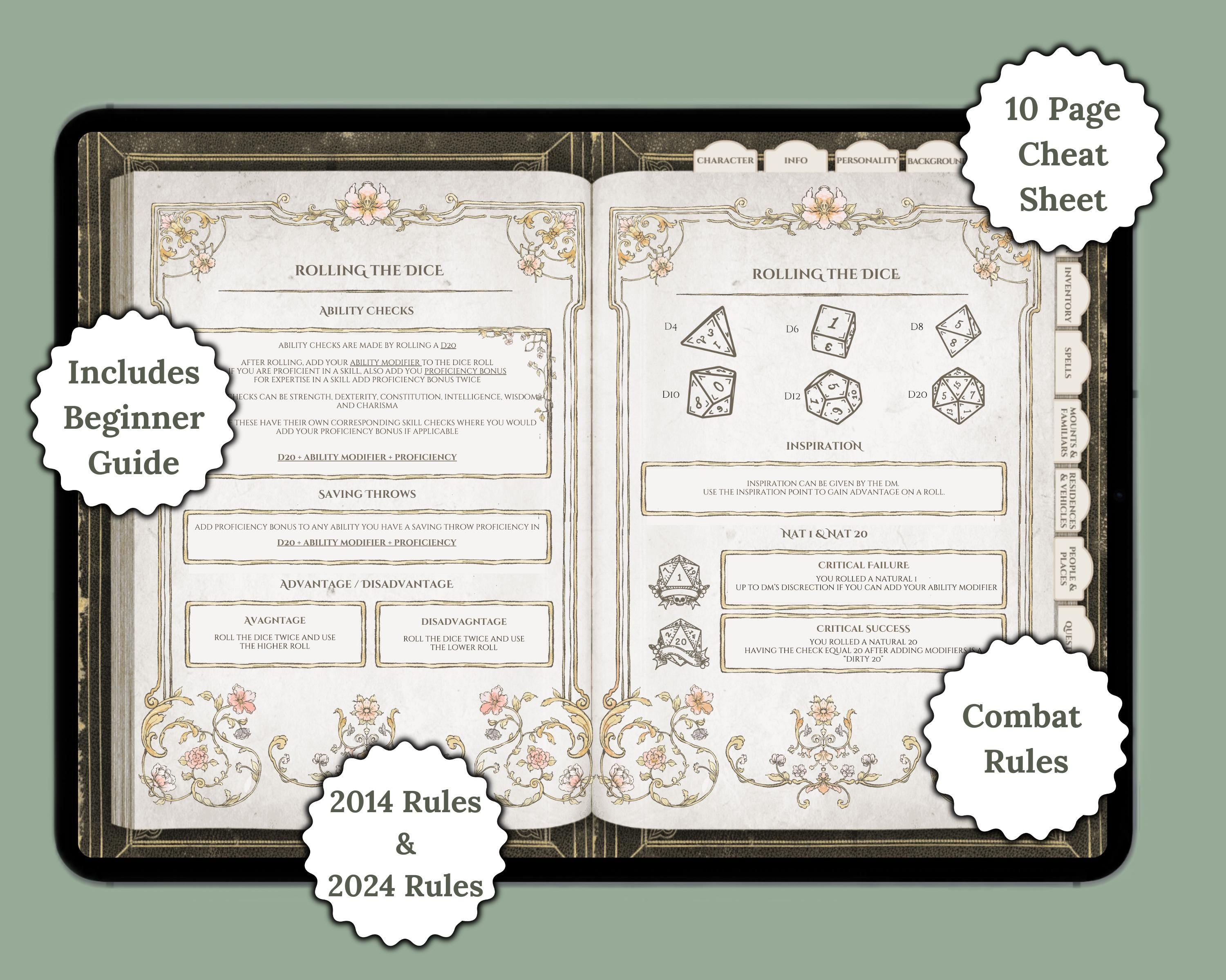 Digital journal page of a dnd cheat sheet with labels describing highlighted features