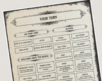 dnd Gameplay sheet titled 'Your Turn' with action and reaction sections