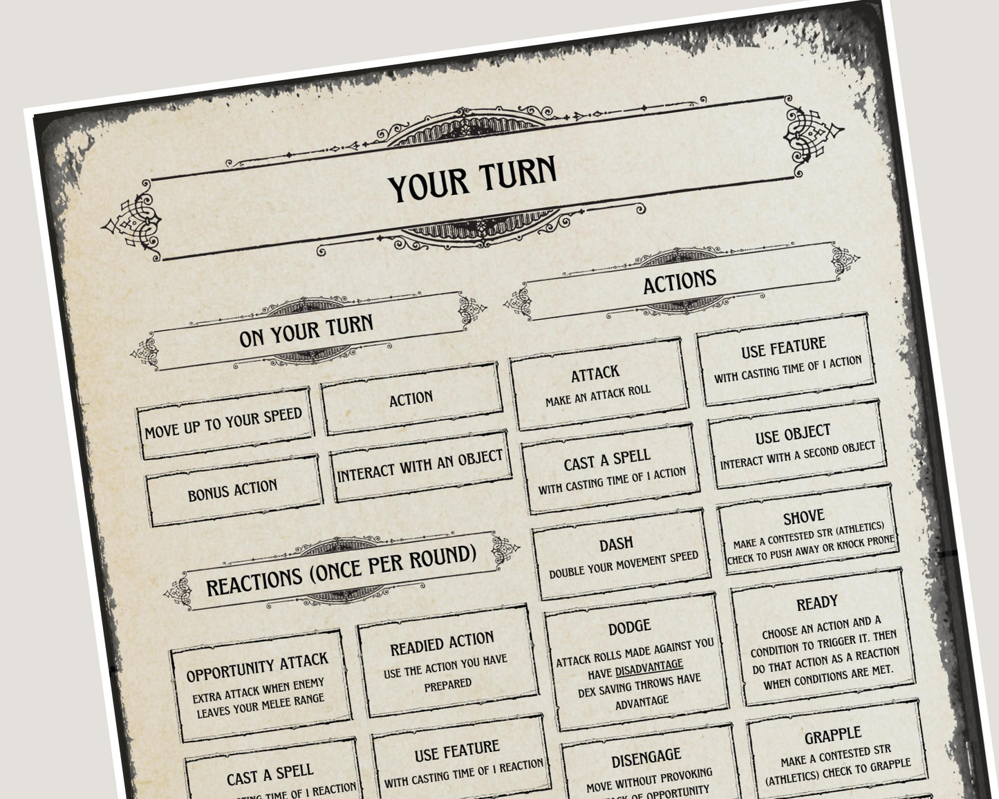 dnd Gameplay sheet titled 'Your Turn' with action and reaction sections