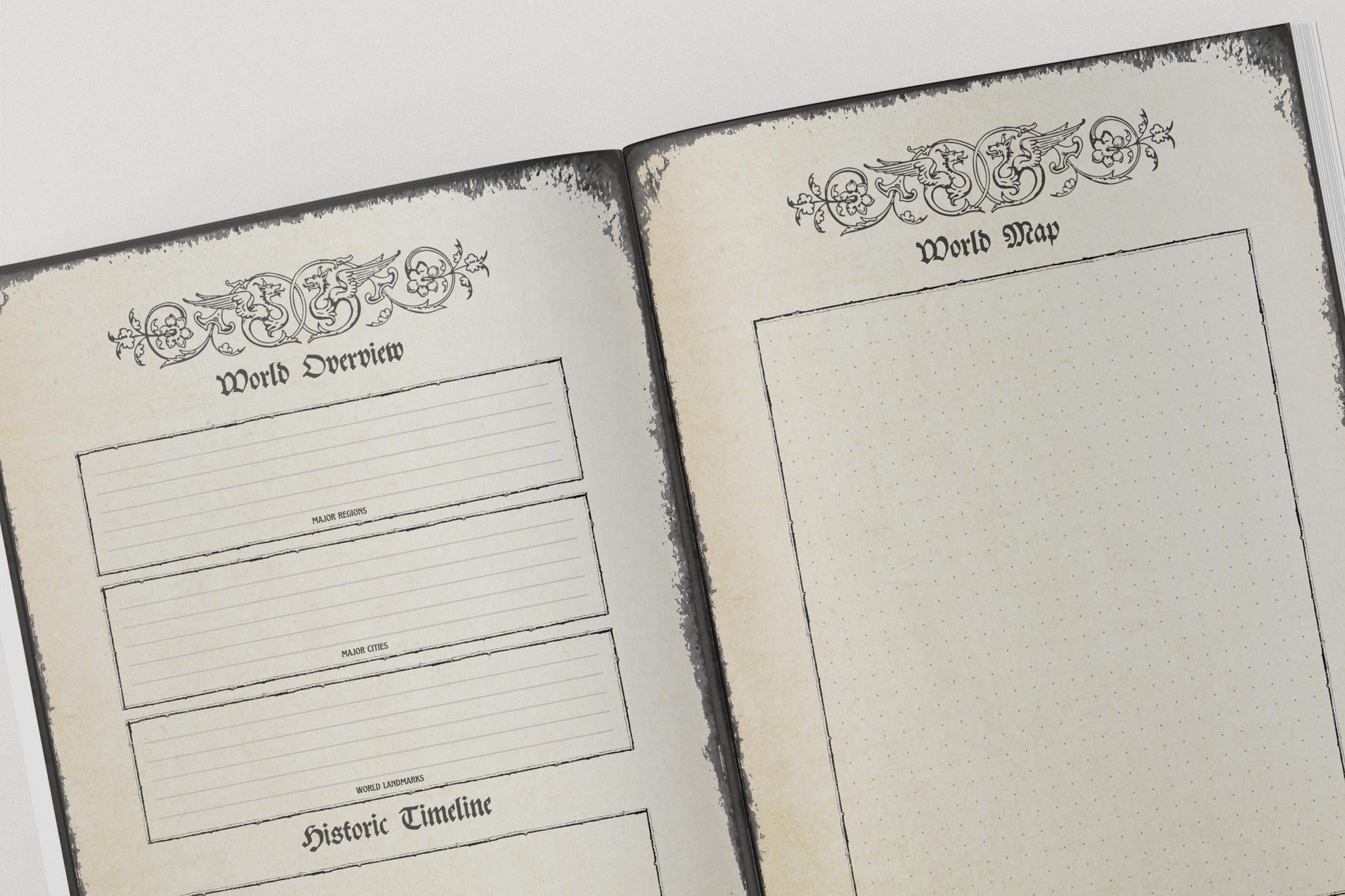 Two pages from a dnd notebook labeled 'World Overview' and 'World Map' 