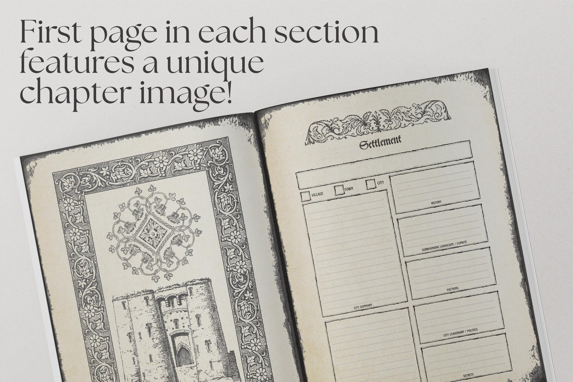 D&D open book preview showing a settlement page
