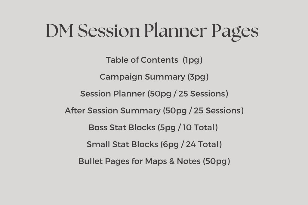 List of pages included in a DM Session Planner on a gray background
