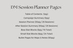 List of pages included in a DM Session Planner on a gray background