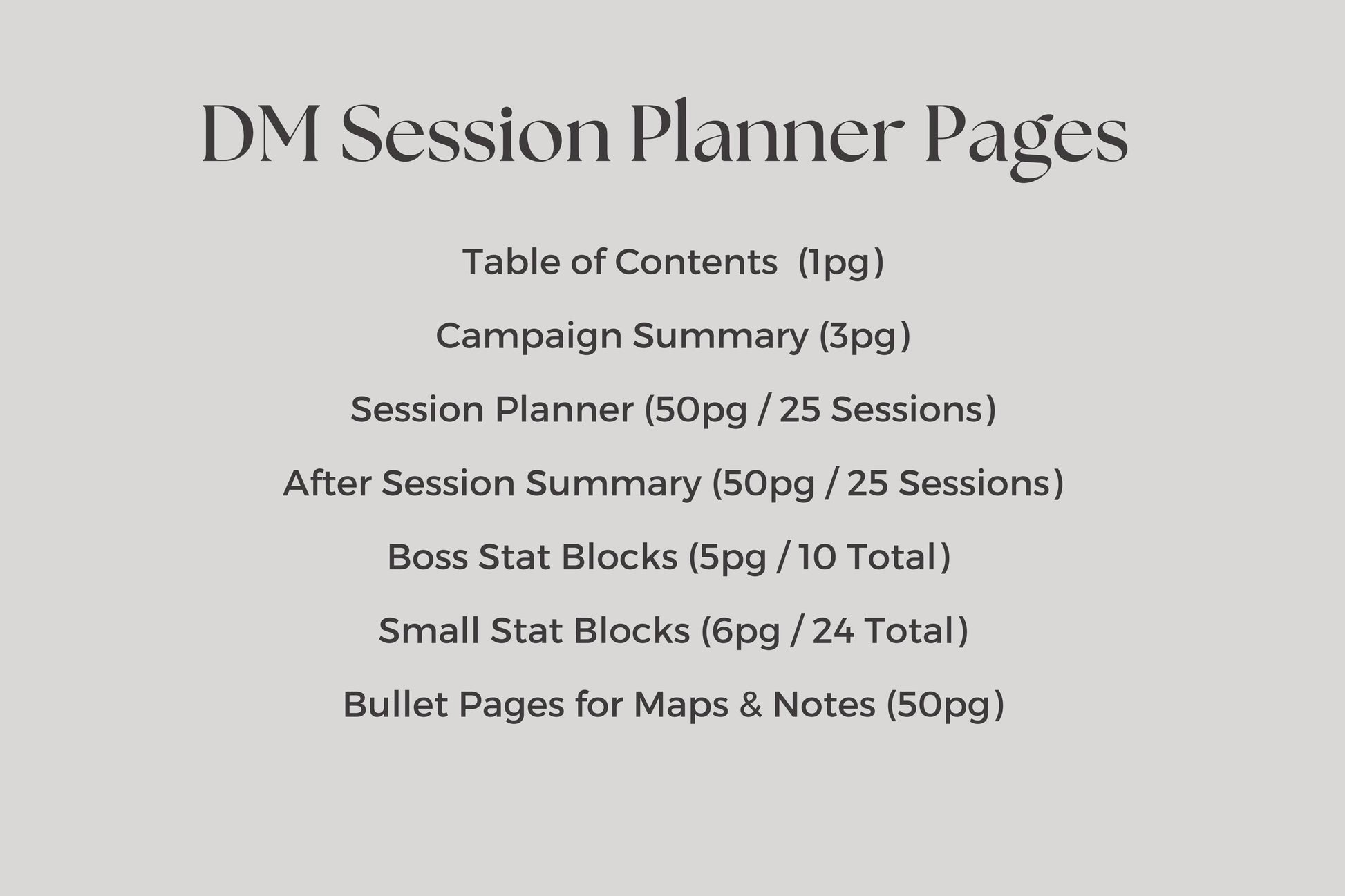 List of pages included in a DM Session Planner on a gray background