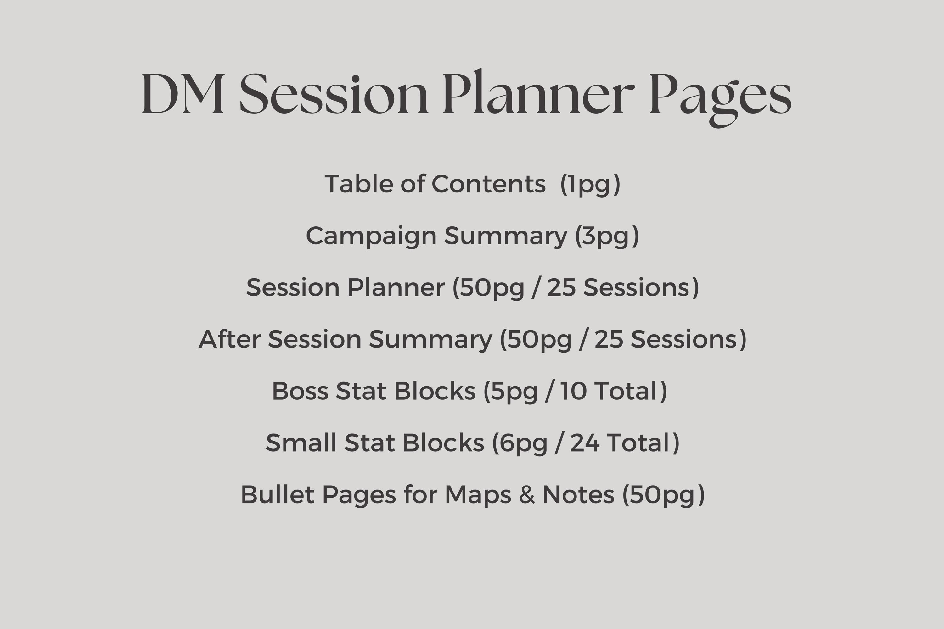 List of pages included in a DM Session Planner on a gray background