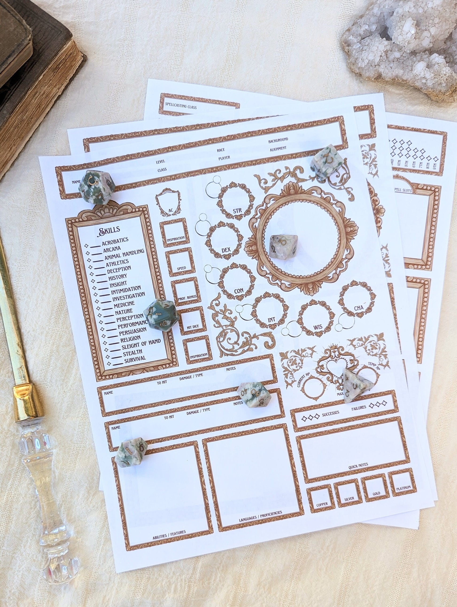 DnD character sheet next to letter opener