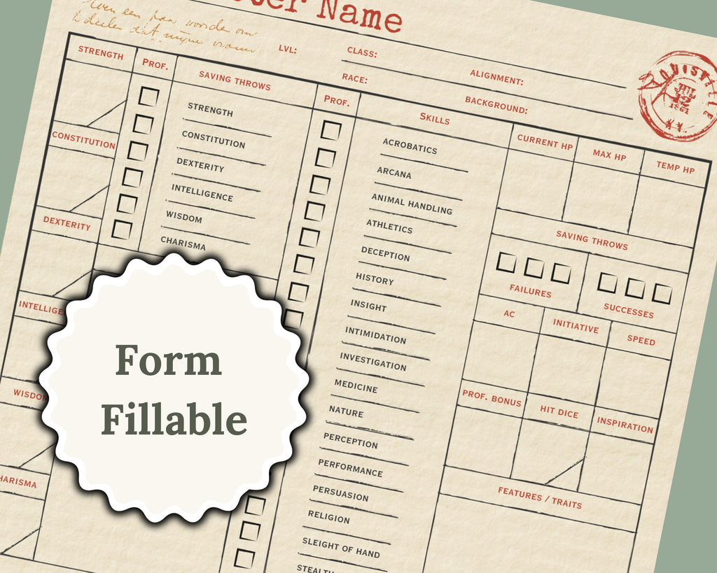 Vintage character sheet with form fillable label on a textured background
