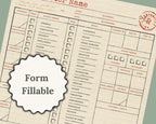 Vintage character sheet with form fillable label on a textured background