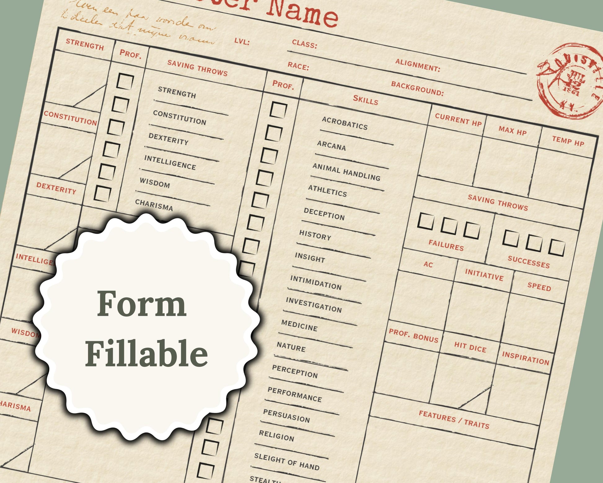 Vintage character sheet with form fillable label on a textured background