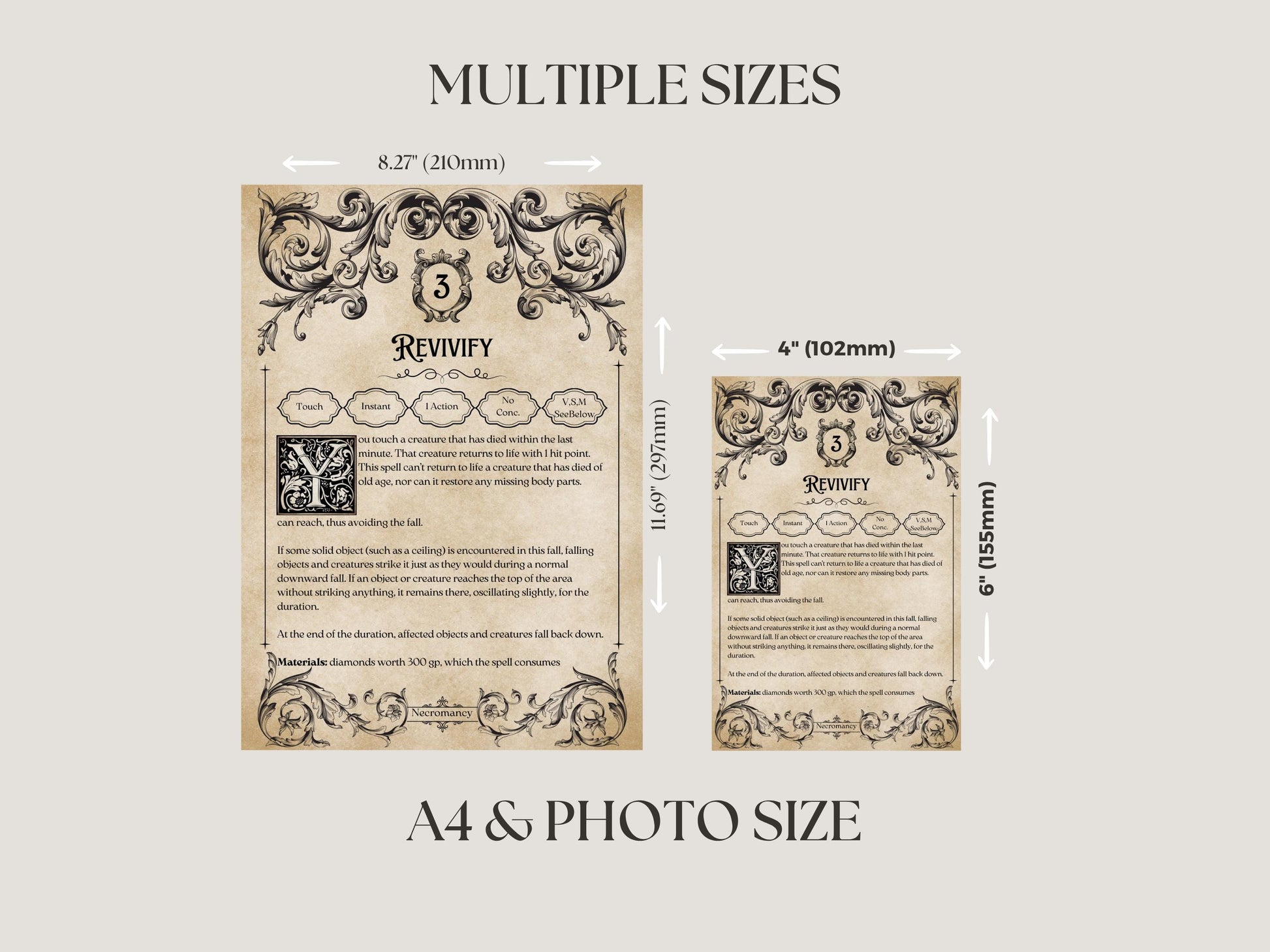 two spell cards showing dimensions 8.27x11.69" & 4x6"