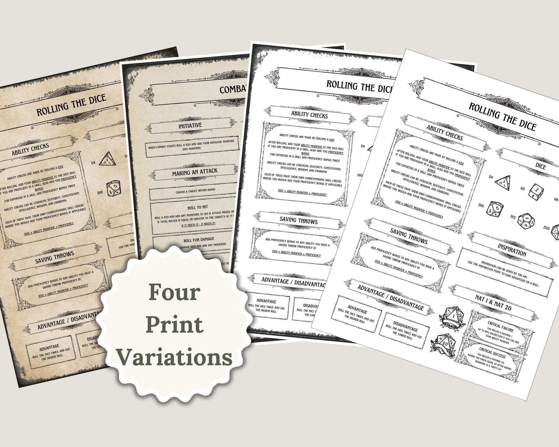 Four print variations of a dnd cheat sheet with text and dice symbols