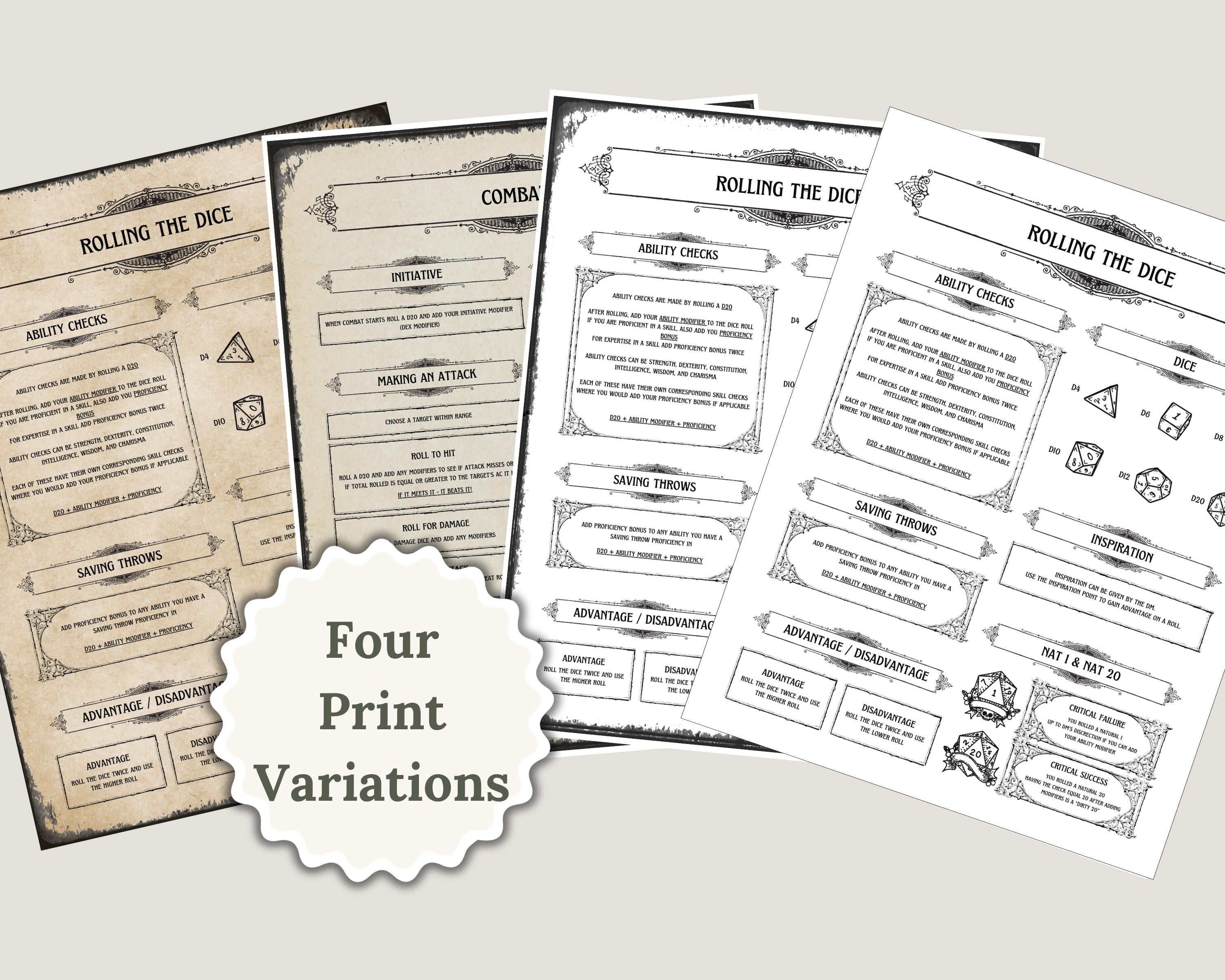 Four print variations of a dnd cheat sheet with text and dice symbols