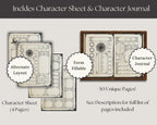 DnD Character sheet and DnD character journal with alternate layout and form-fulfillable sections on a gray background.