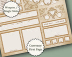 Zoomed in first page of dnd character sheet with labels 'magic/weapons slot' and 'currency on first page'