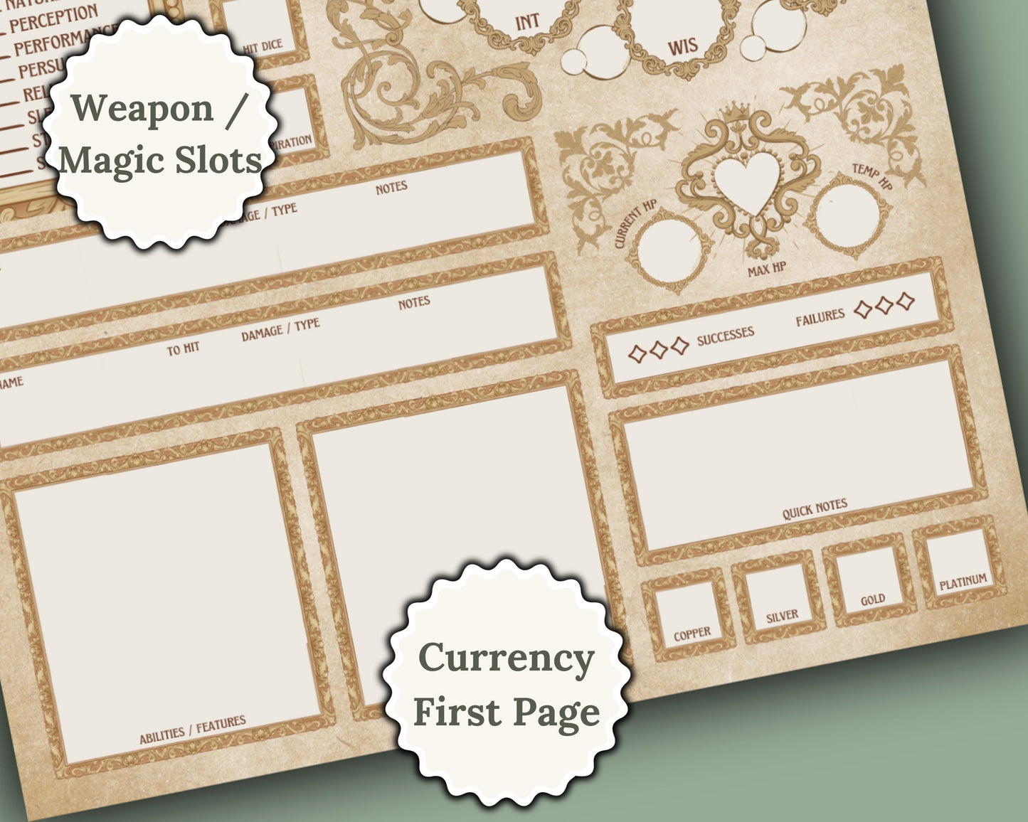 Zoomed in first page of dnd character sheet with labels 'magic/weapons slot' and 'currency on first page'