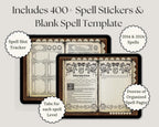 Spell book pages with spell slot tracker and blank spell template